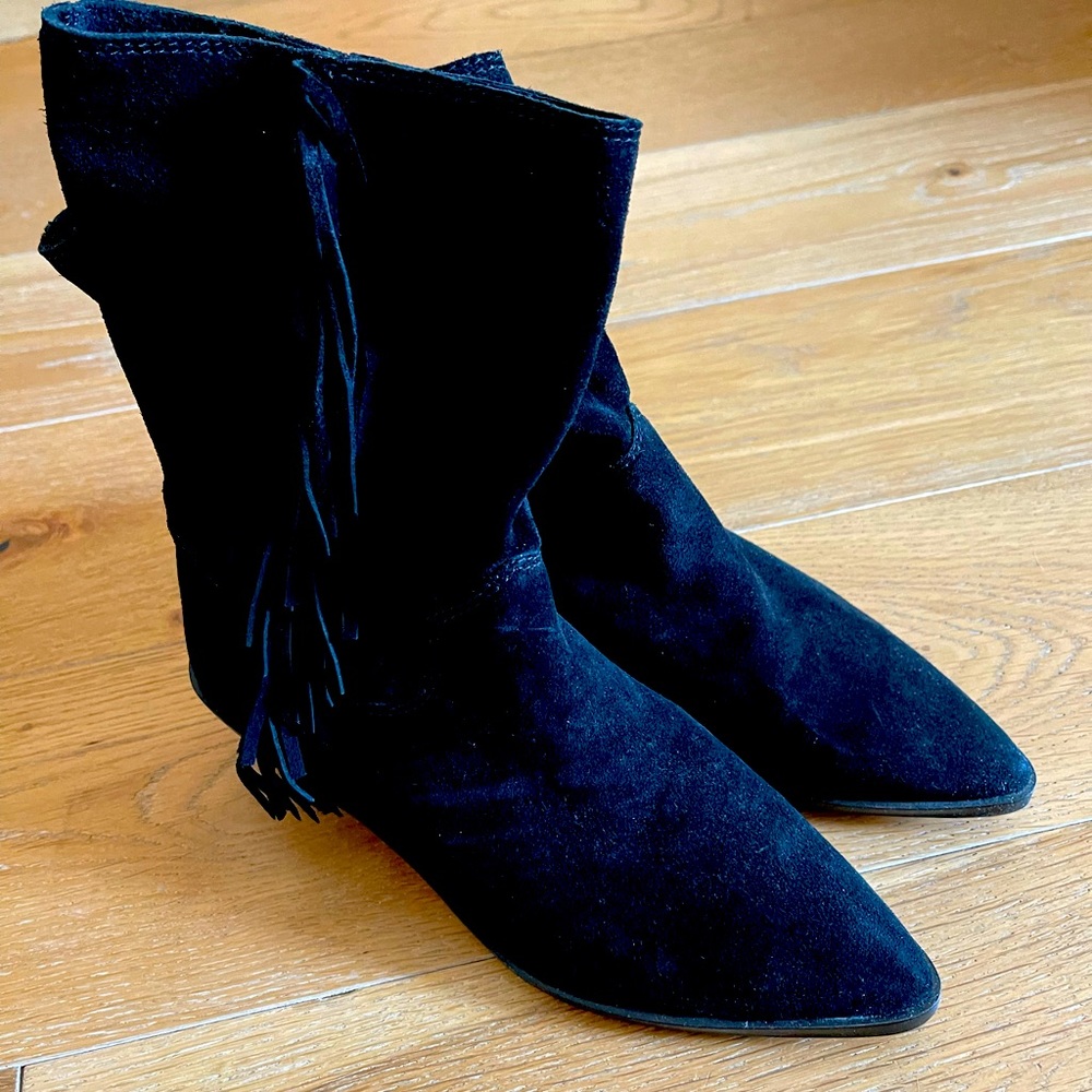 REBECCA MINKOFF SUEDE FRINGE AKKE BOOTS